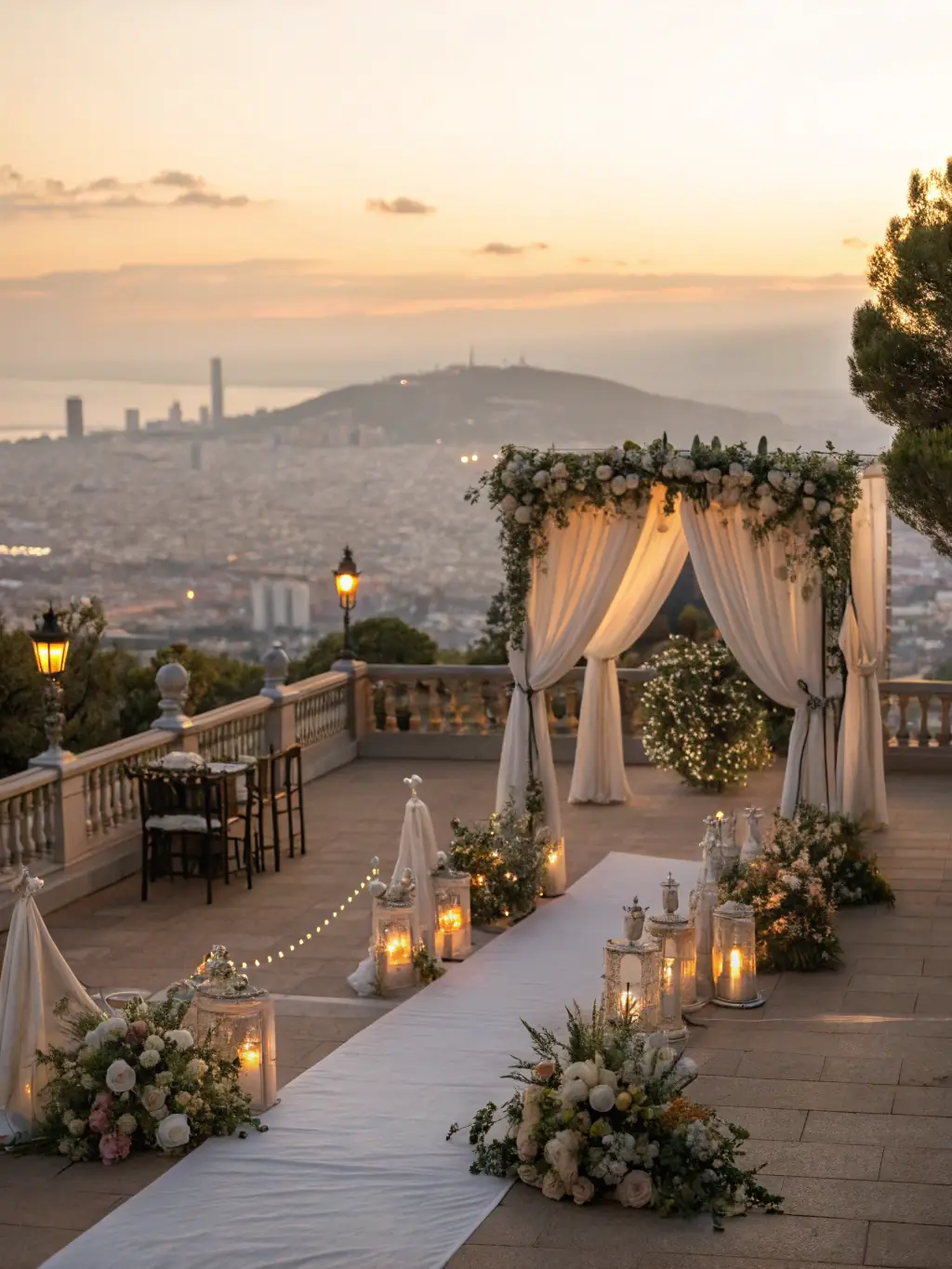 A stunning outdoor wedding setup overlooking Barcelona's skyline with elegant decor and floral arrangements, showcasing Divine Luxury Events' expertise in luxury destination wedding planning.