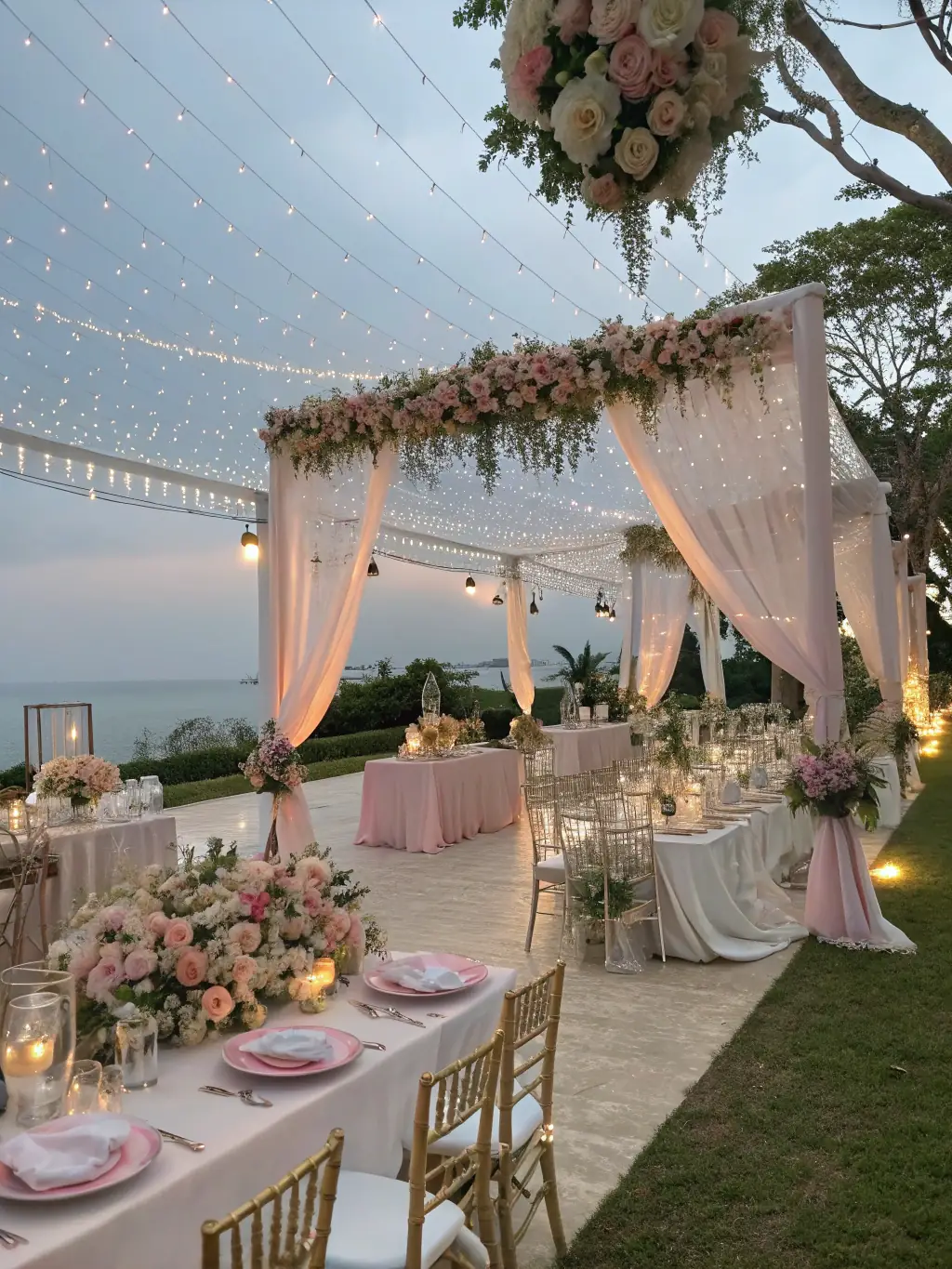 A beautifully decorated wedding altar with intricate drapery, floral arrangements, and ambient lighting, showcasing Divine Luxury Events' event design and decor services.