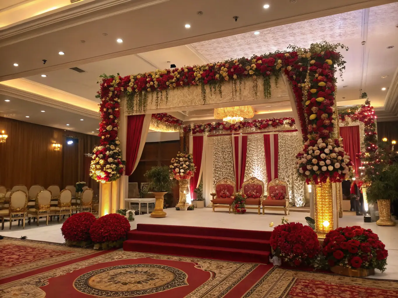 A beautifully decorated Indian wedding mandap set against the backdrop of a historic Barcelona building, showcasing a blend of traditional and modern aesthetics.