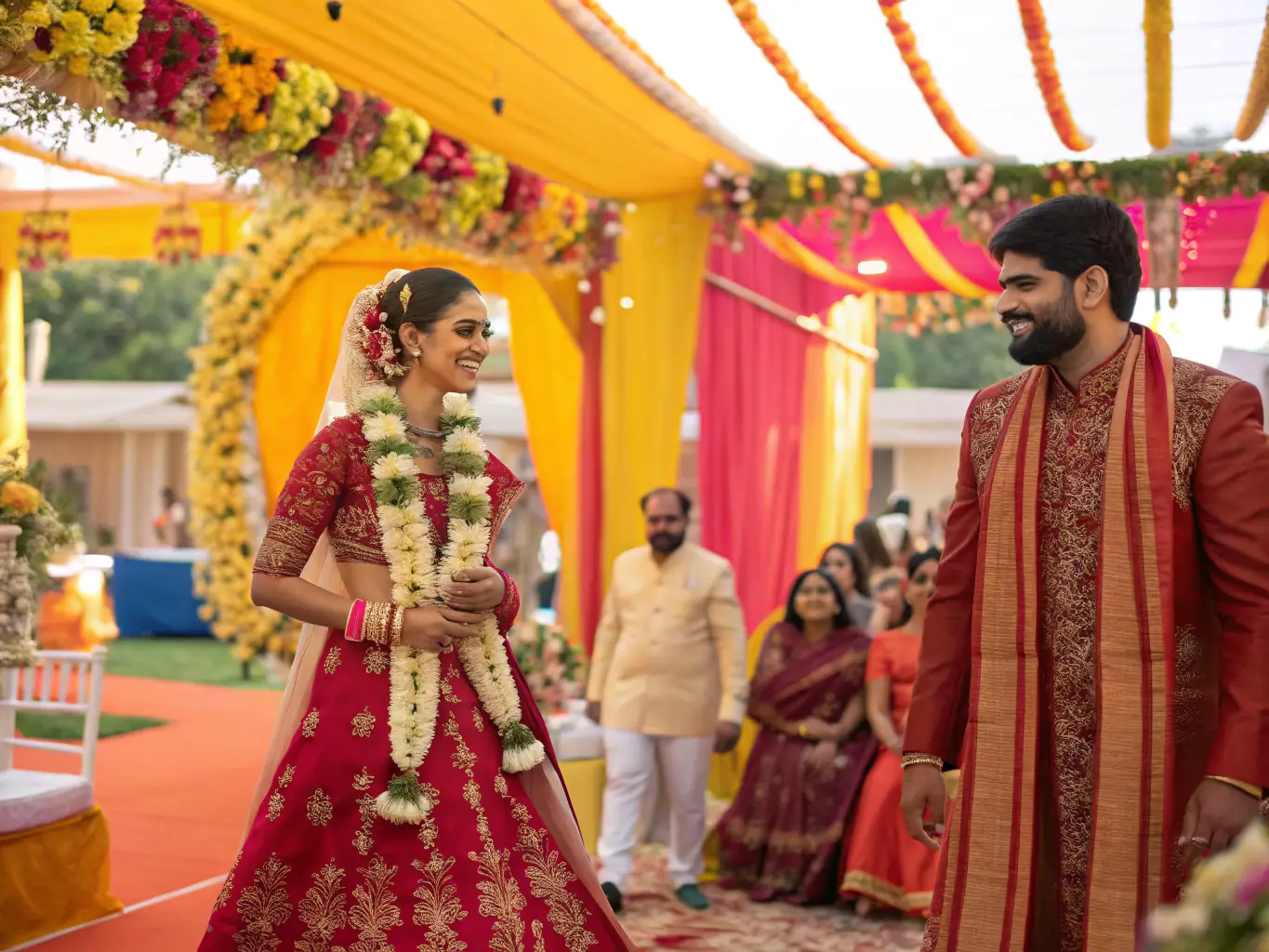 A bride and groom participating in a traditional Indian wedding ceremony, with the wedding planner discreetly overseeing the proceedings.